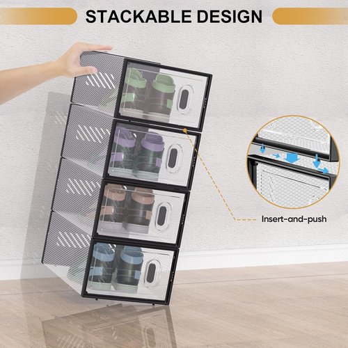 BALEINE Stackable Shoe Storage Boxes - 12 Pack Thickened Clear Plastic Organizer | Fits Size 11, X-Large Black