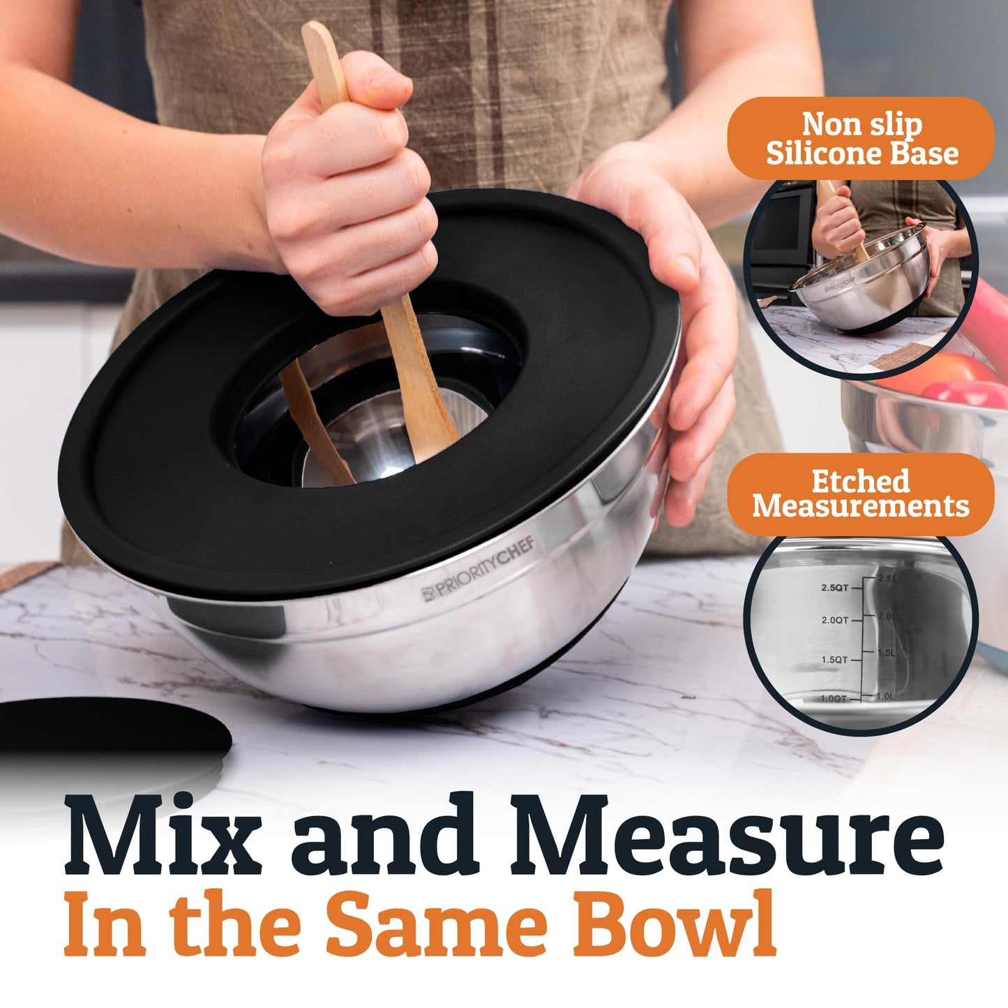 Priority Chef Stainless Steel Mixing Bowls with Lids Set - Premium 30Pcs with 6pc Metal Bowl Set for Kitchen, 3 Graters, Airtight Lids, Non-Slip Bases & Silicone Utensils, Black