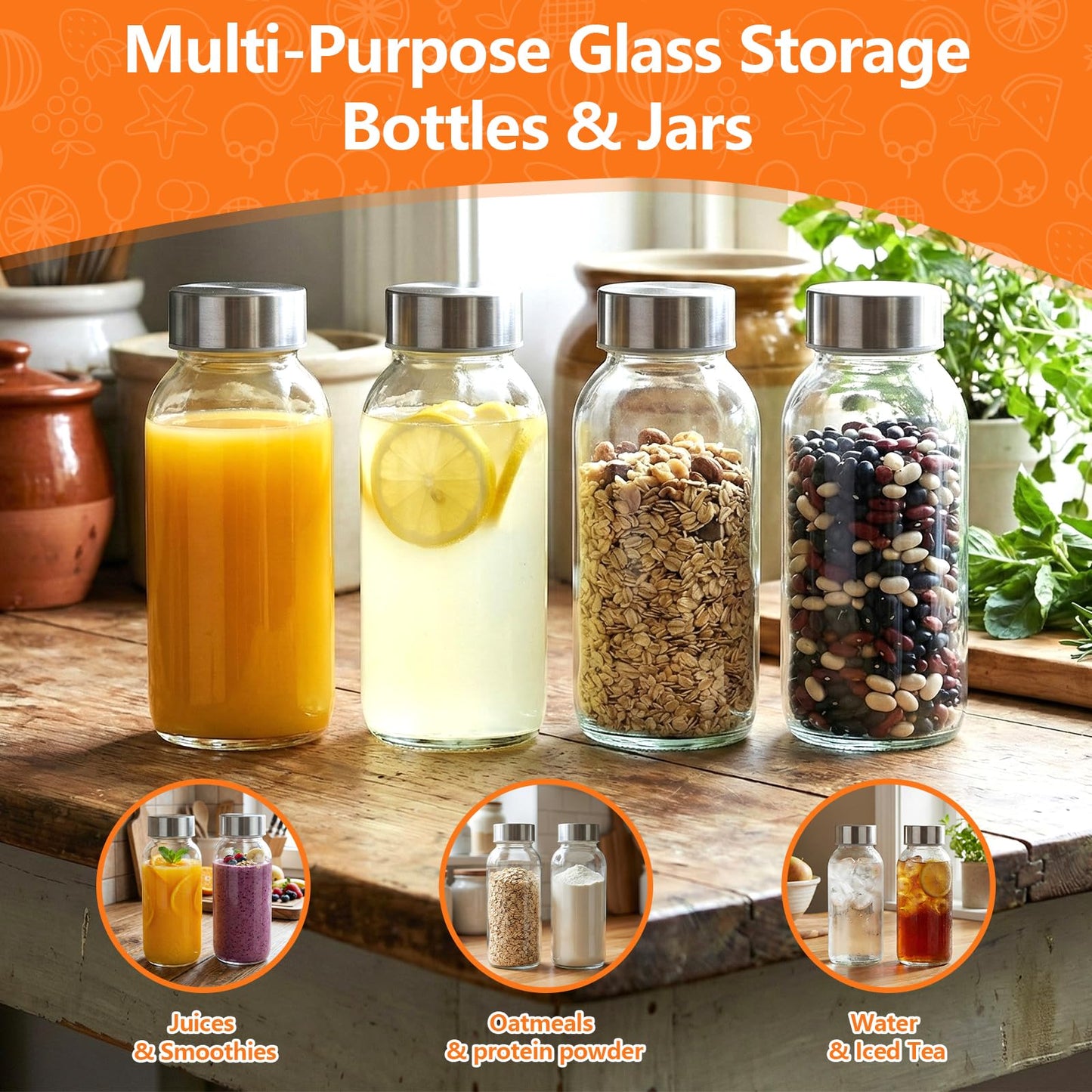 Luxfuel 8 oz Glass Water Bottles with Lids, 8 Pack Small Glass Juice Bottles with Stainless Steel Caps & Funnel, Leak-Proof Containers for Juicing, Milk, Ginger Shots, Smoothies, Wellness Drinks