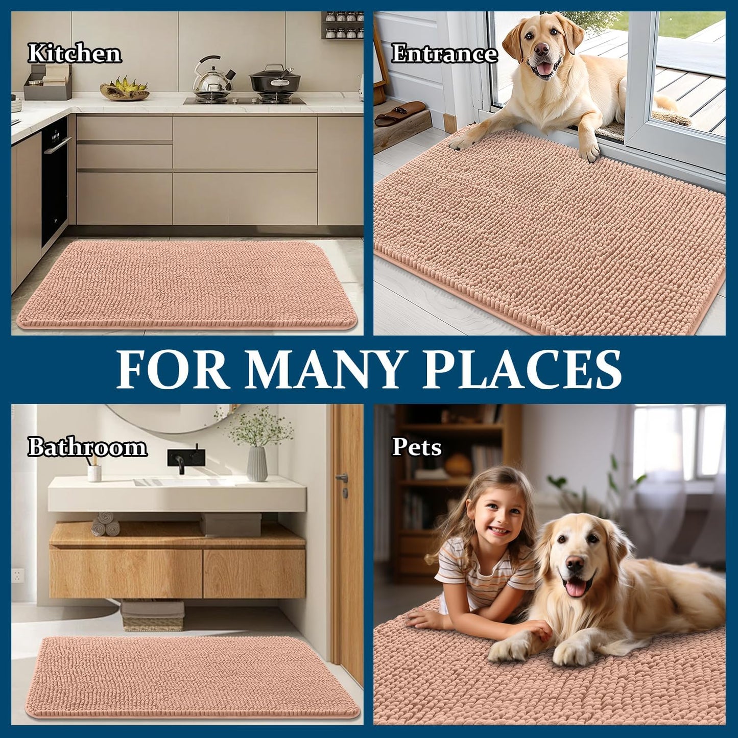 OLANLY Dog Door Mat - Absorbent Non-Slip Mud Mat for Indoor Use | Quick Dry Chenille, 70x32, Peach