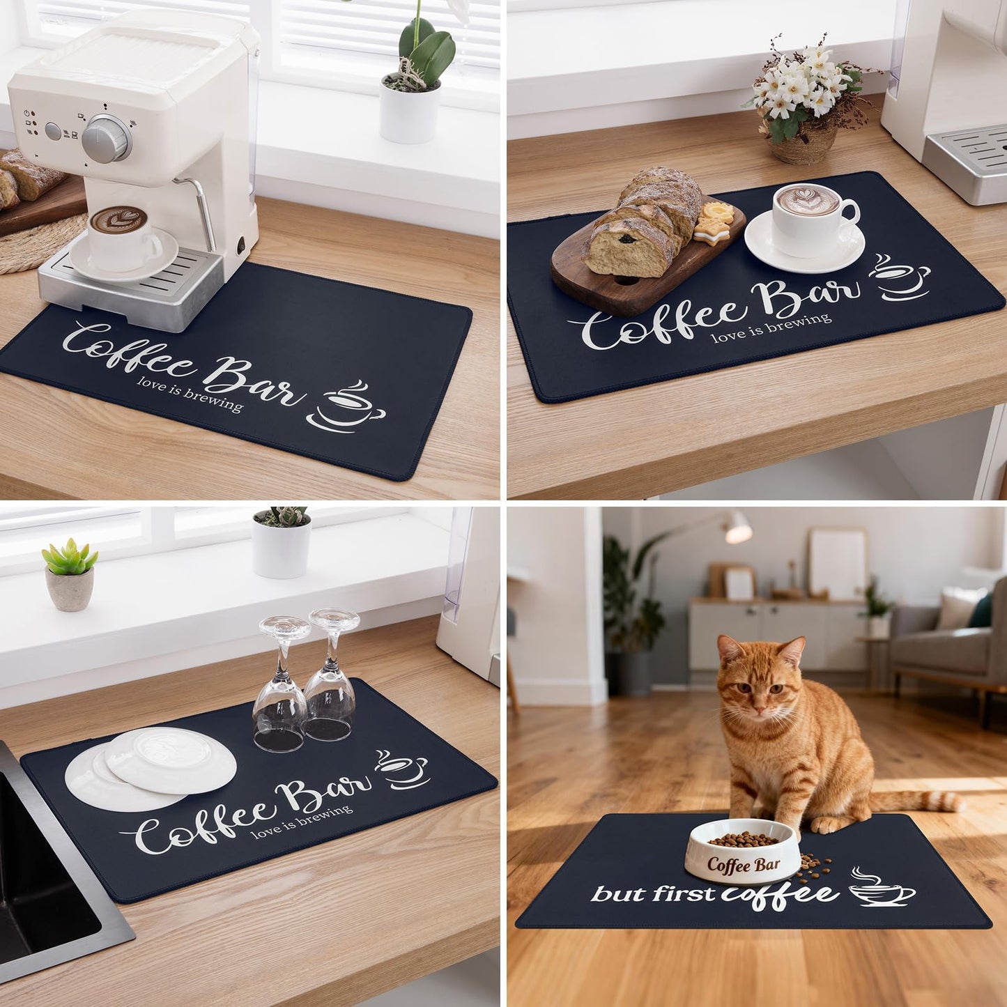 SHACOS Coffee Mat 2-Pack 12x19 Inch Absorbent Non Slip Coffee Maker Mat for Countertop Bar Accessories Espresso Machine Mat Dish Drying Mat Heat Resistant, Khaki