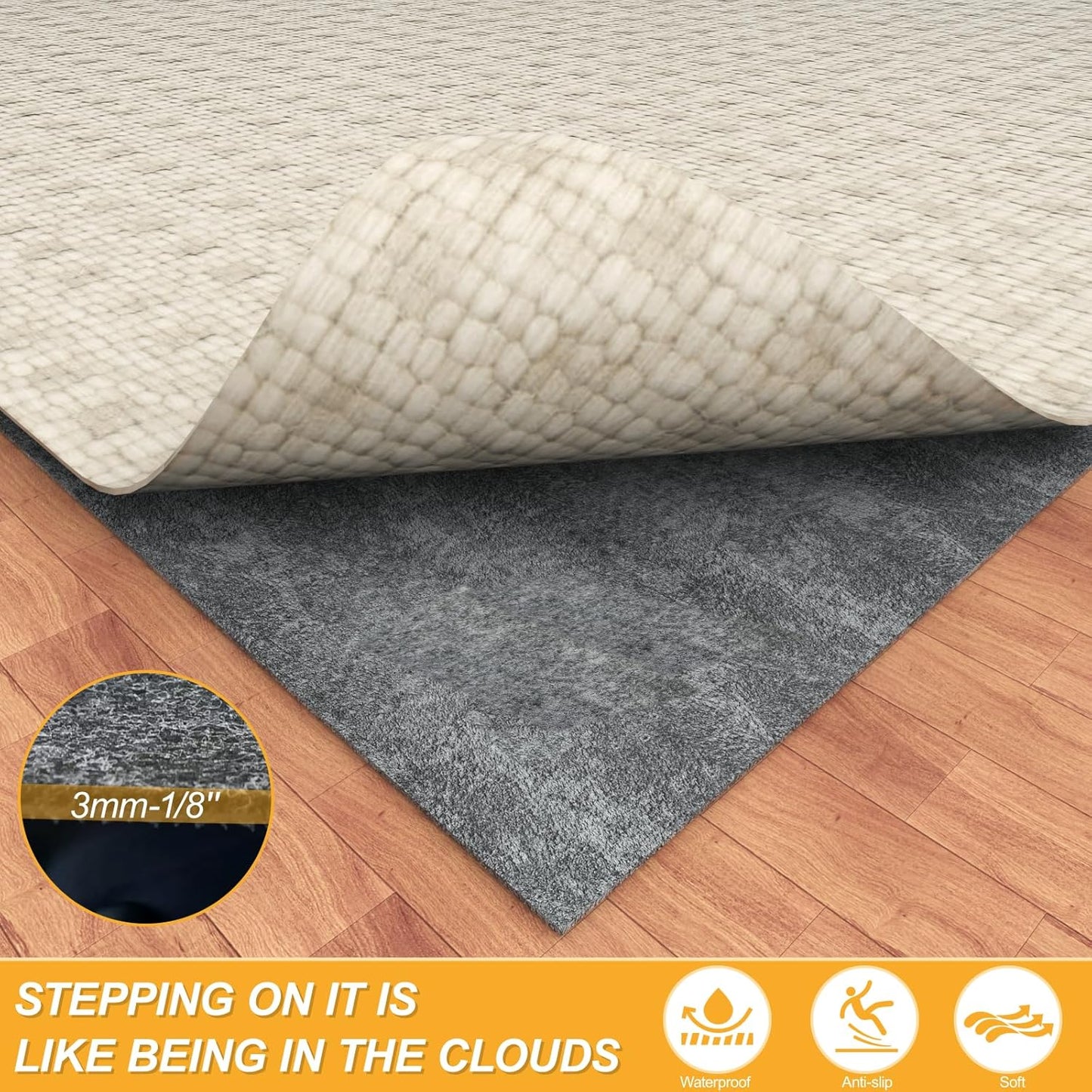 Non-Slip Felt Rubber Rug Pad - Thick Protective Cushion for Hardwood Floors | Grey, 8' x 10'