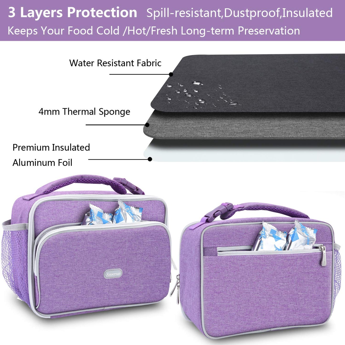Amersun Kids Lunch Box, Insulated School Lunch Bag with Padded Liner Keep Food Warm Cold for Long Time,Water-resistant Thermal Travel Office Lunch Cooler for Girls Boy-2 Pocket,LB005-P