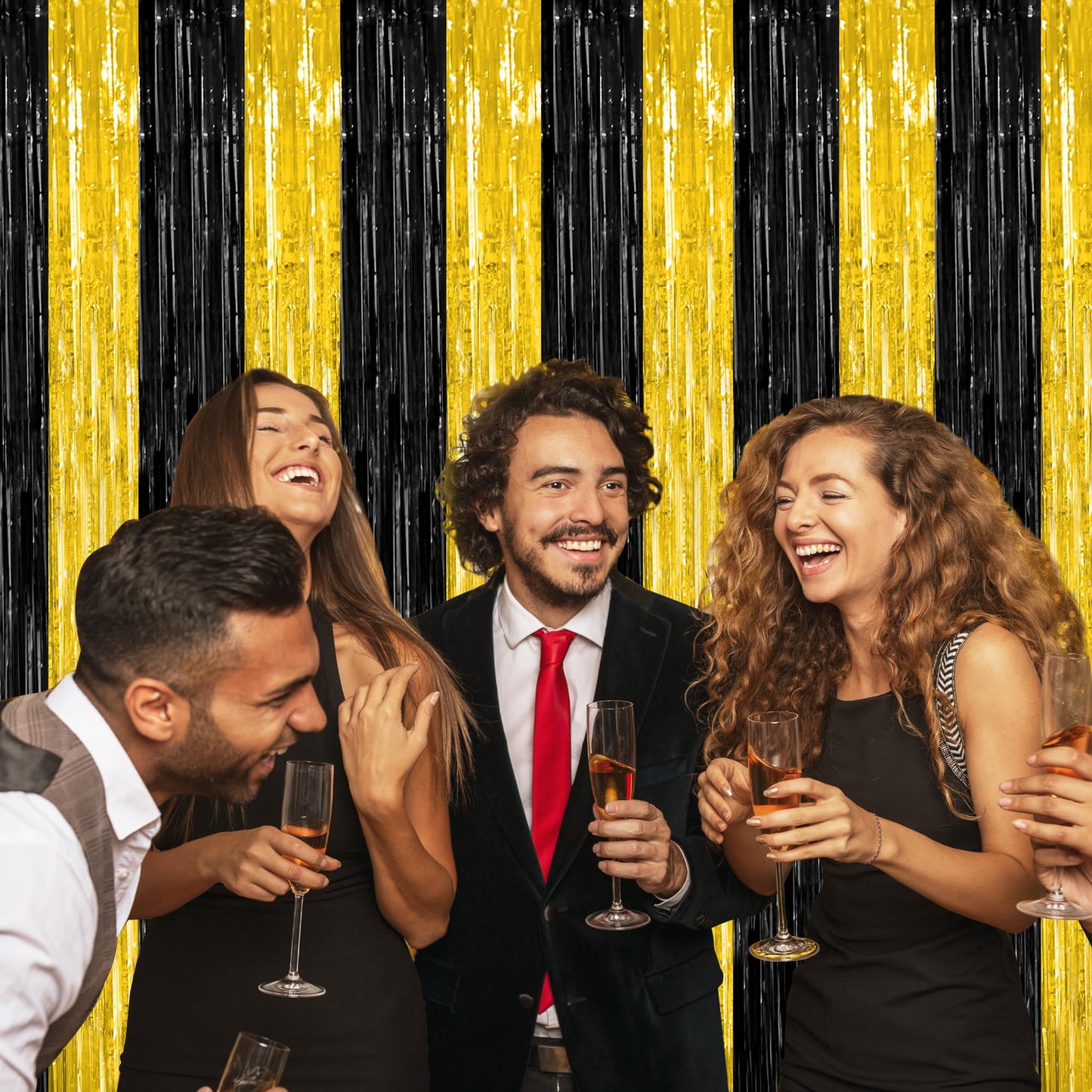 2 Pack Graduation Backdrop, 3.28 FT x 7.05 FT Black and Gold Foil Fringe Curtains, Metallic Foil Curtain Graduation Backdrop, Grad Party Supplies Black and Gold Party Decorations Class of 2026