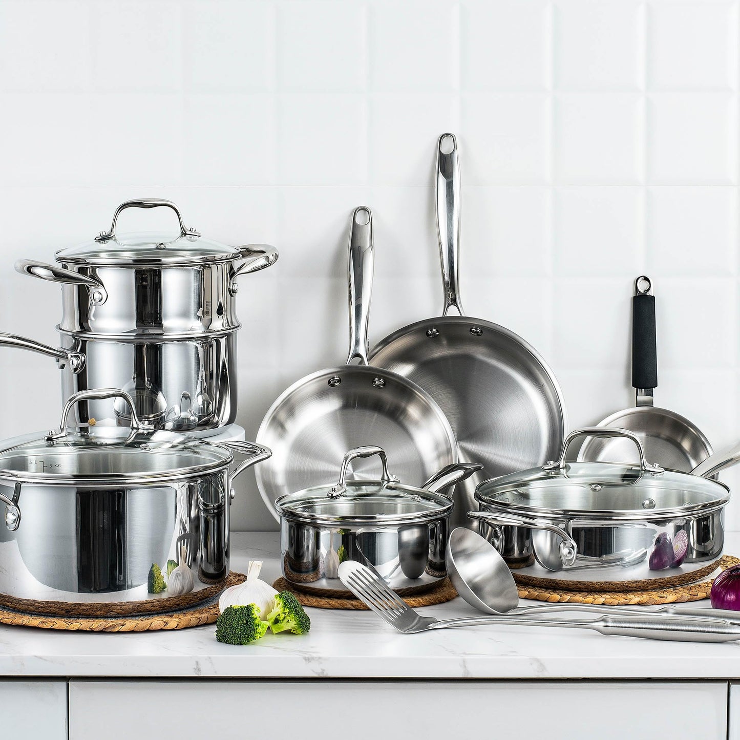 SuperCook Tri Ply Stainless Steel Cookware Set, 16-Piece Pots and Pans Set with Kitchen Utensils and Steamer, Non-Toxic, Multiclad, Induction Oven Compatible, Dishwasher Safe