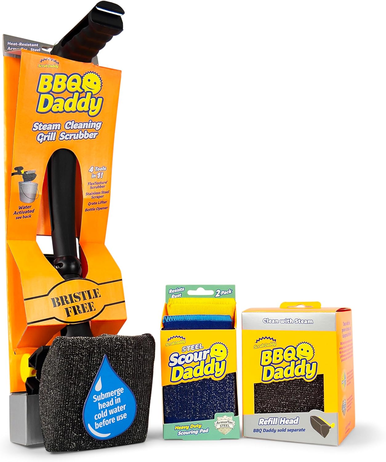 Scrub Daddy BBQ Daddy Grill Cleaner Kit - Bristle-Free Brush & 2 Steel Scour Sponges | 4 Count