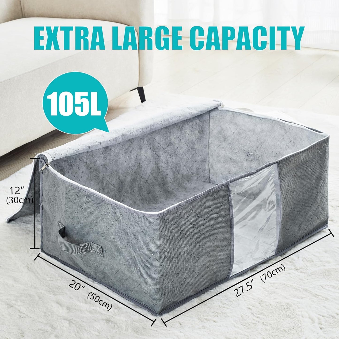 Regine Switzerland 105L Extra Large Storage Bags - Organize Blankets, Bedding & Clothes | 3-Pack Grey with Handles & Clear Window