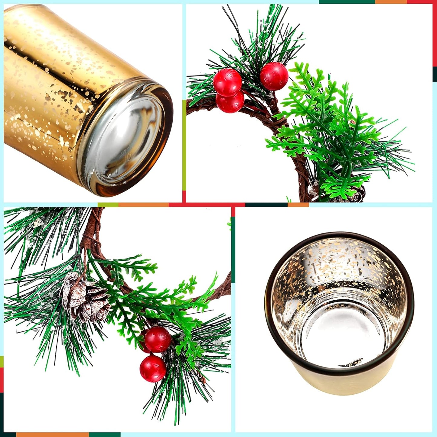 Skylety Christmas Votive Candle Holders - 4 Pack Glass Tealight Holders with Red Berry Wreaths