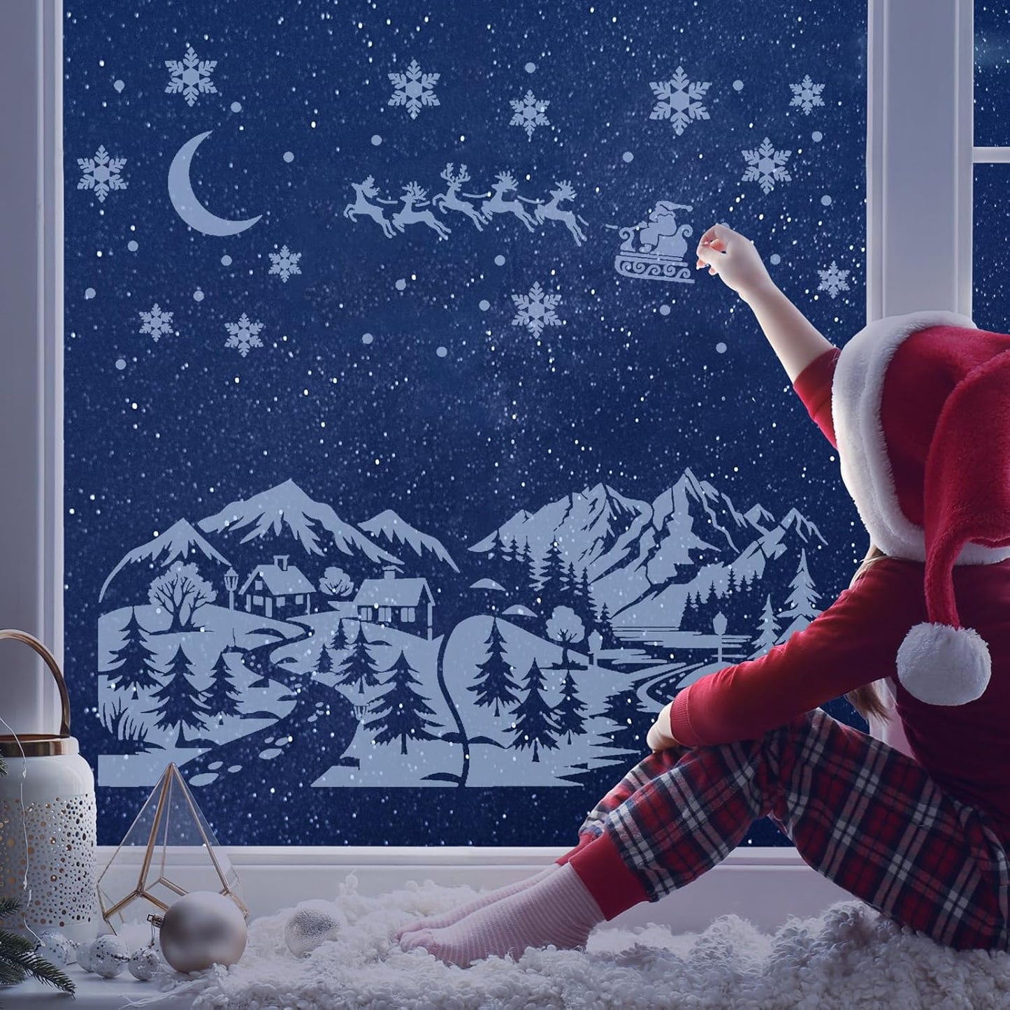 Leinuosen Christmas Window Stencils - 6 Pcs Reusable Winter Village Designs | 35.4 x 33 Inches