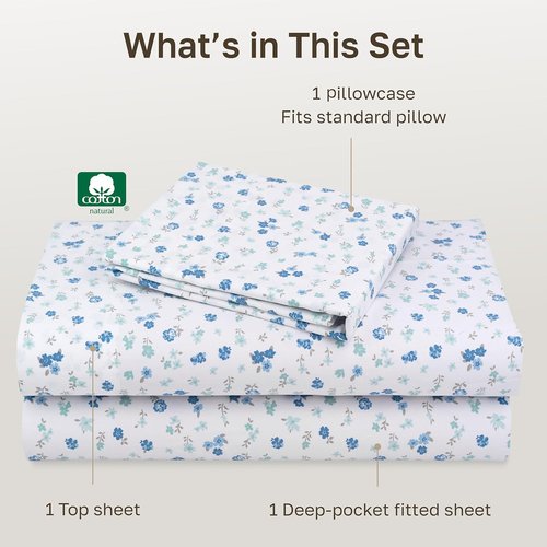 California Design Den Twin Cotton Sheet Set - 100% Soft, 400 Thread Count, Award-Winning Floral White/Blue