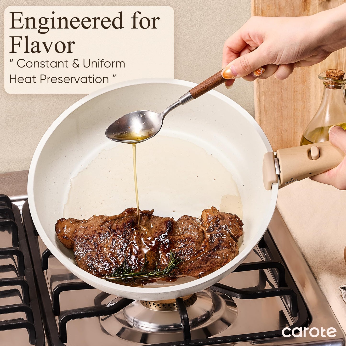 CAROTE Pots and Pans Set Non Stick, Cookware Sets, Kitchen Set, Oven/Dishwasher/Fridge Safe, Space Saving Pots Set, Nonstick Set with Versatile Detachable Handle, Induction RV Set, Cream