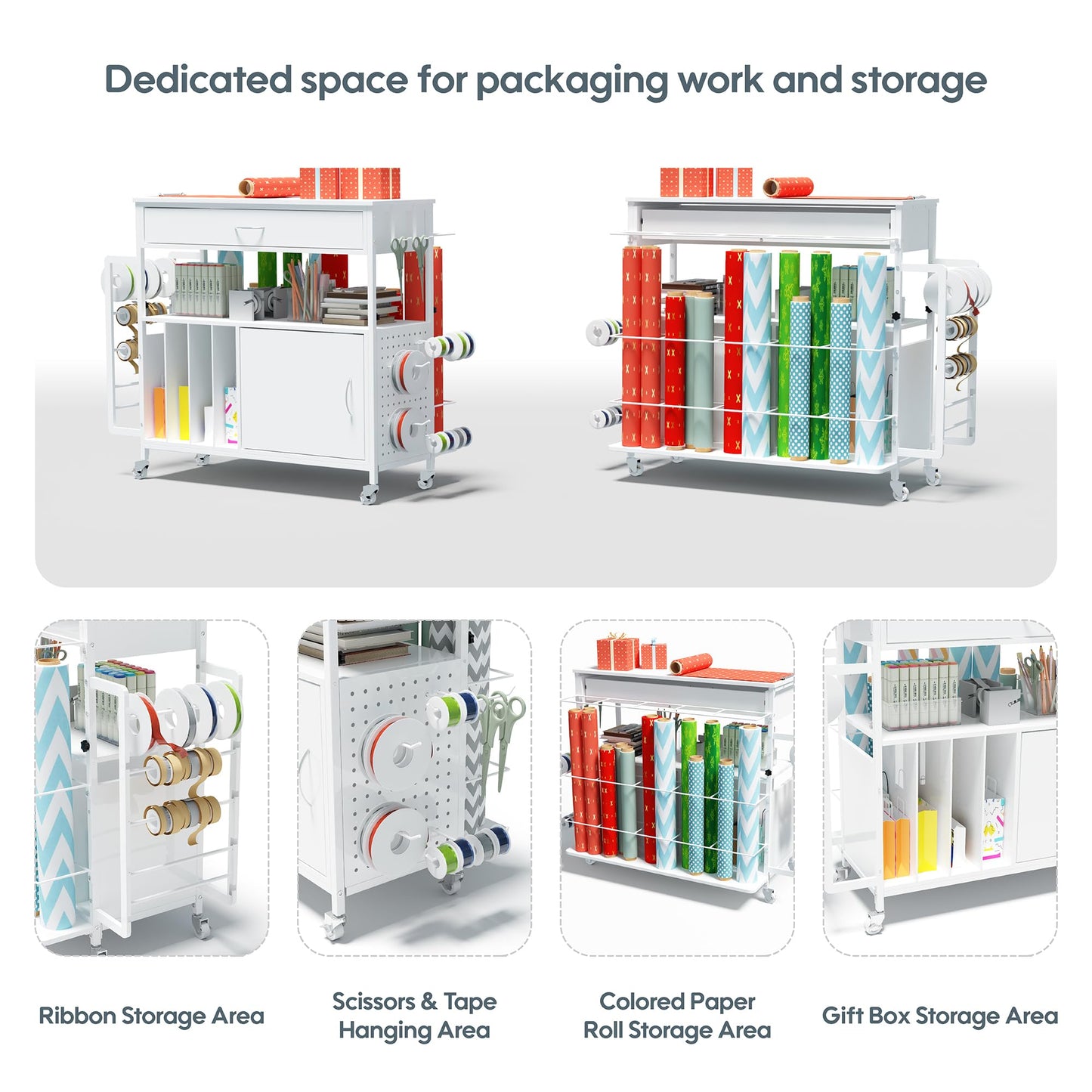 Zethvax Height-Adjustable Gift Wrapping Station with Paper Clamp & Adhesive Measuring Tape,Rolling Wrapping Paper Cart with Ribbon & Gift Bag Storage, Craft Organizer Workstation (White)