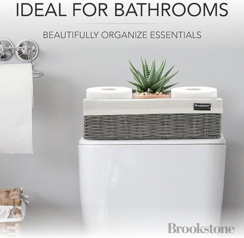 Brookstone Wicker Storage Baskets - Two Pack Set for Bathroom & Closet Organization | Grey with Fabric Liner