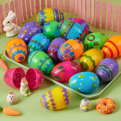 JOYIN 18PCS 3.15" Printed Easter Eggs, Empty Fillable Colorful Plastic Eggs Bulks for Easter Hunt, Basket Stuffers Filler, Classroom Prize Supplies