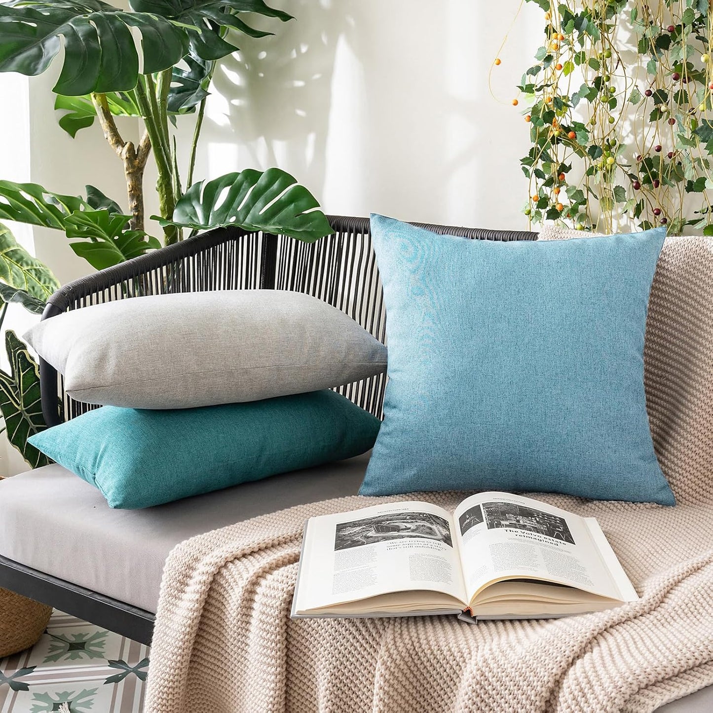 MIULEE Decorative Outdoor Throw Pillow Covers - Waterproof Faux Linen Cushion Cases | 20x20 Inch Blue Gray (Pack of 2)