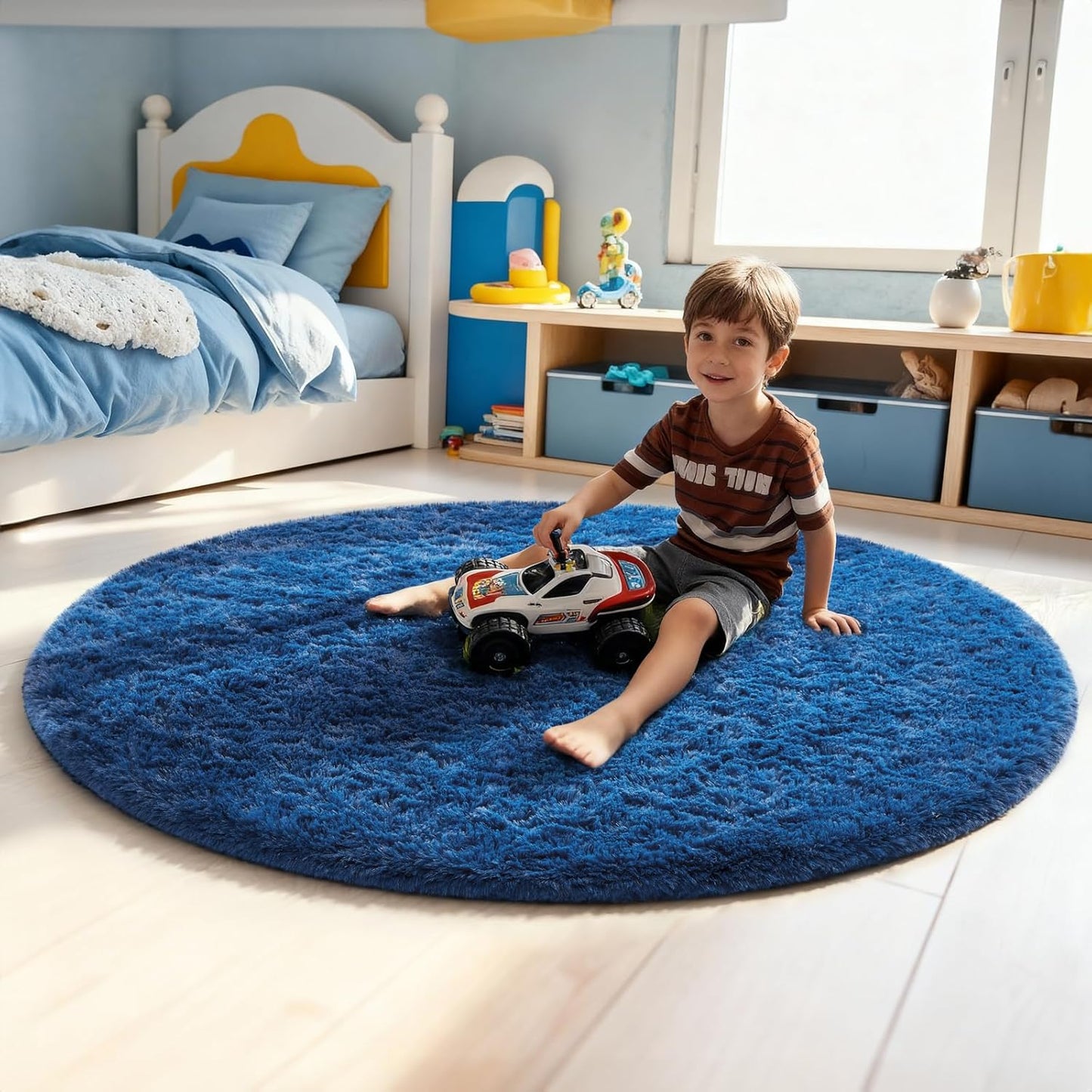 Ophanie Blue Round Rug - 5Ft Plush Soft Shaggy Area Rug for Kids' Room Decor | Fluffy Bedroom Carpet