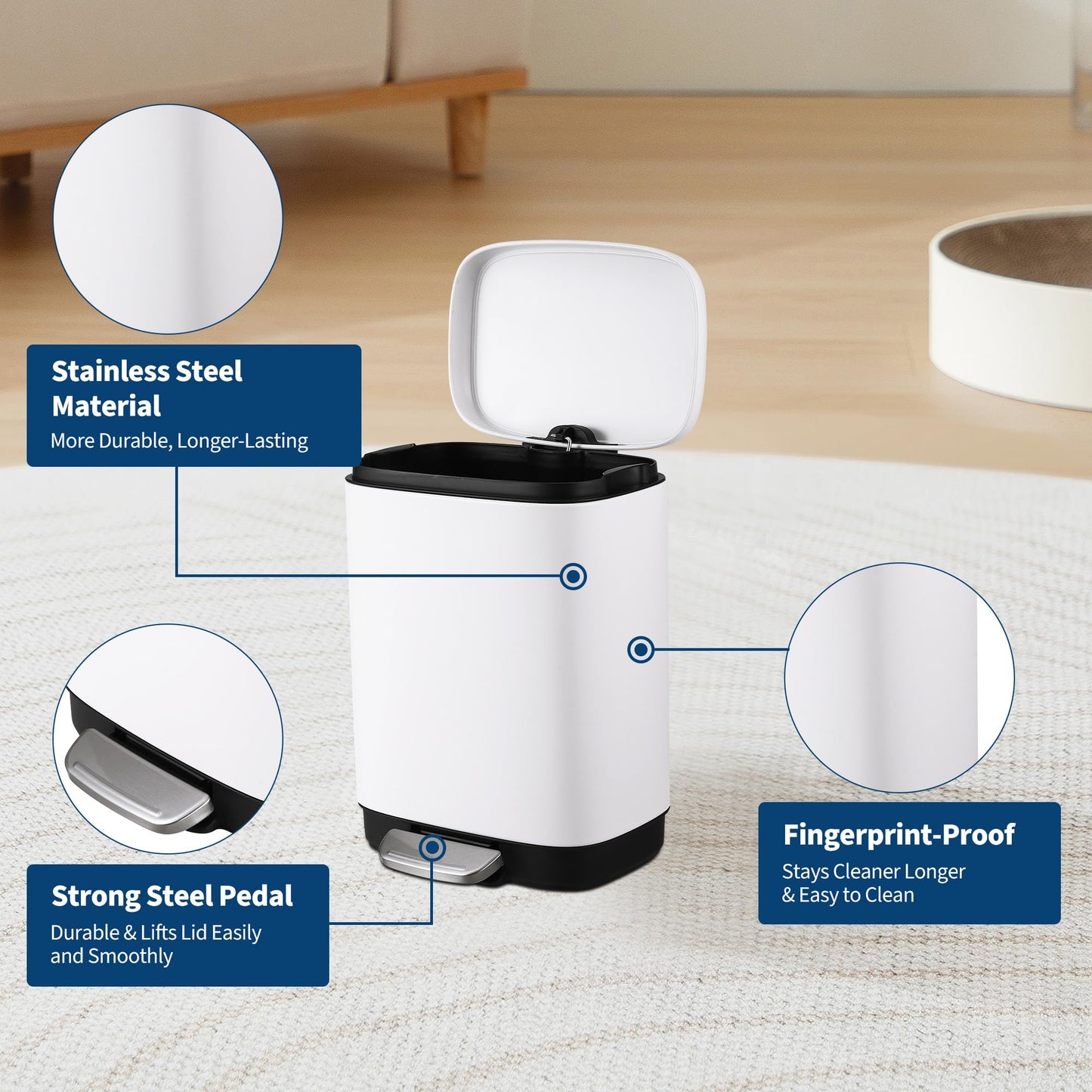 Stainless Steel Trash Can, 3.2 Gallon Lid, Soft Closing Pedal, Fingerprint Resistant, Durable, Suitable for Kitchen Bathroom Trash Can,White