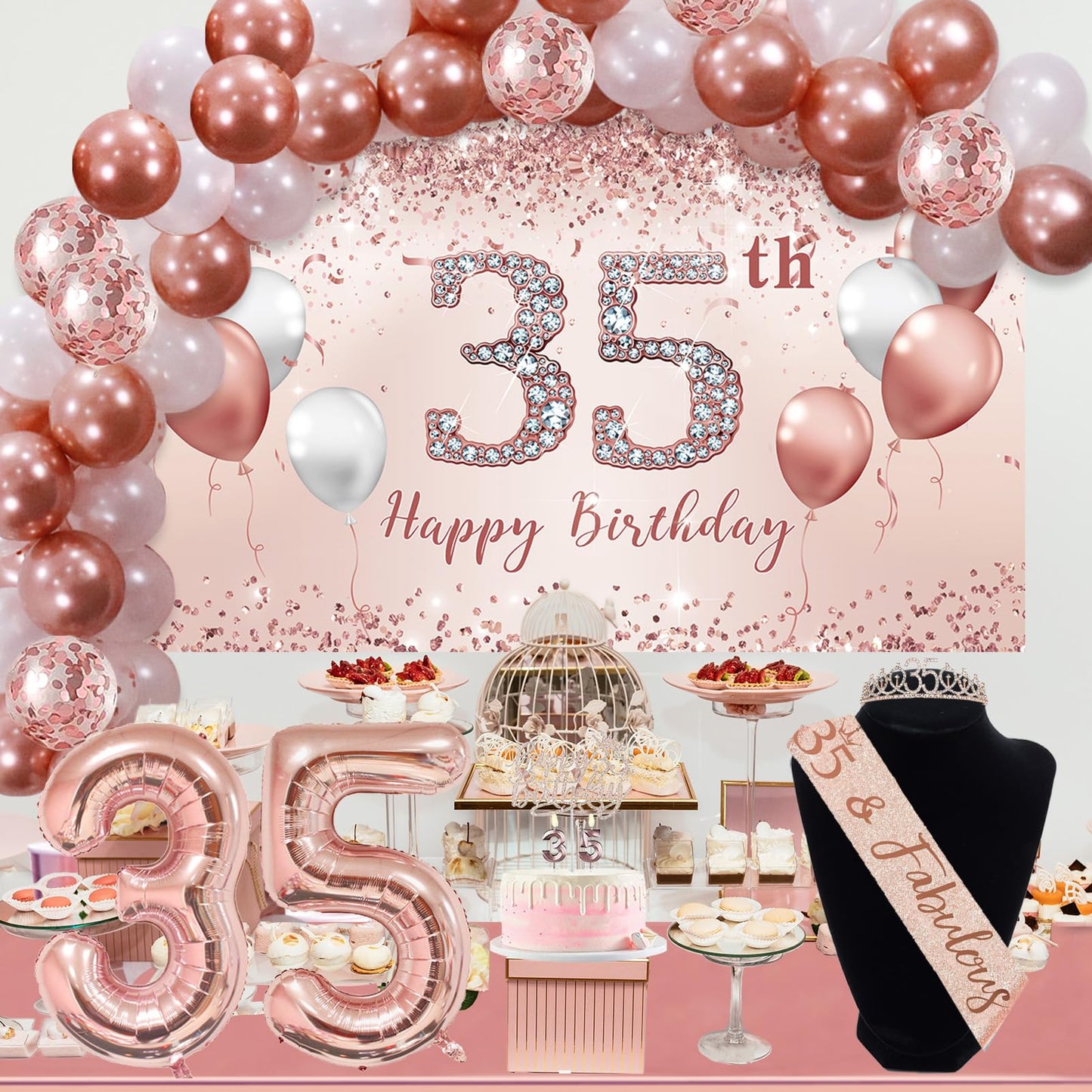Trgowaul 24th Birthday Decorations Party Set for Women, Rose Gold 24th Banner and Tablecloth, 24 & Fabulous Sash and Tiara, Cake Topper, Pink Gold 24 Number Balloons