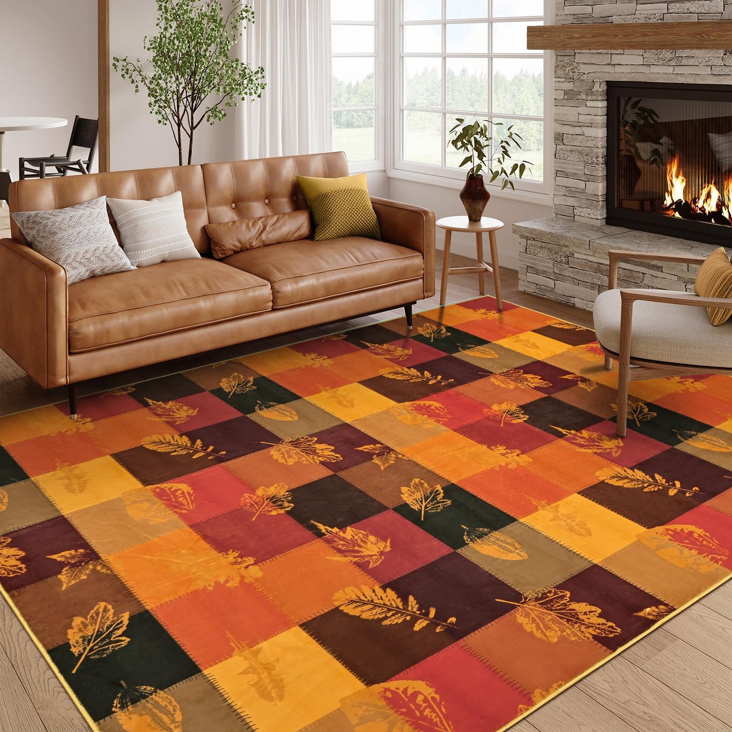 ASPMIZ Fall Area Rug 5x7 Washable Rugs for Living Room, Soft Faux Wool Thanksgiving Bedroom Rugs Non Slip Orange Maple Leaf Floor Carpet Low Pile Large Throw Rug for Dining Room Home Office Decor