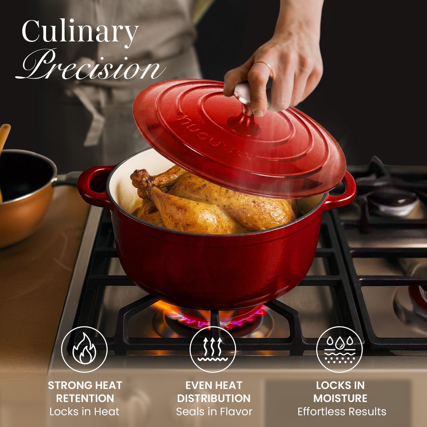 Cast Iron Pot with Lid – Non-Stick Ovenproof Enamelled Casserole Pot, Oven Safe up to 500° F – Sturdy Dutch Oven Cookware – Red, 5-Quart, 24cm – by Nuovva