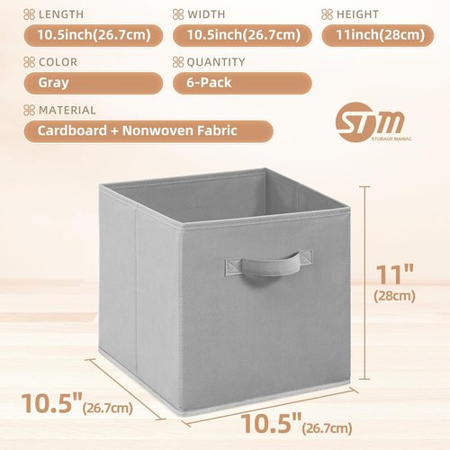 **Storage Maniac 11-Inch Collapsible Storage Cubes - Durable Fabric Bins for Closet & Organization | 6-Pack, Grey**