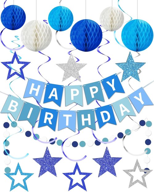Blue Happy Birthday Decorations - Banner with Honeycomb Balls & Stars | Party Decor for All Ages