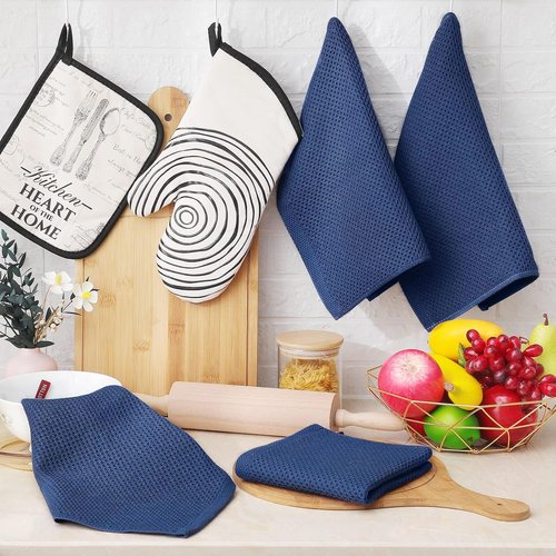 Homaxy 100% Cotton Waffle Weave Dish Cloths - Ultra Soft & Absorbent | Quick Drying, Navy Blue, 12 x 12 Inches, 6-Pack
