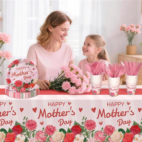 Childom Mothers Day Decorations for Party,132 Pcs Disposable Mothers Day Plates Tablecloth Cups Knives Spoons Forks for Party Supplies,Plates Tableware for Moms Birthday,Home,Brunch,Dinner,Serves 26