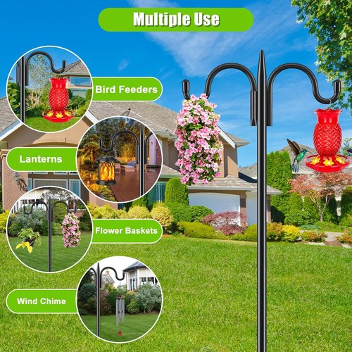 Gtongoko Double Shepherd's Hook - 92 Inch Heavy Duty Bird Feeder Pole for Hummingbird Feeders & Plants