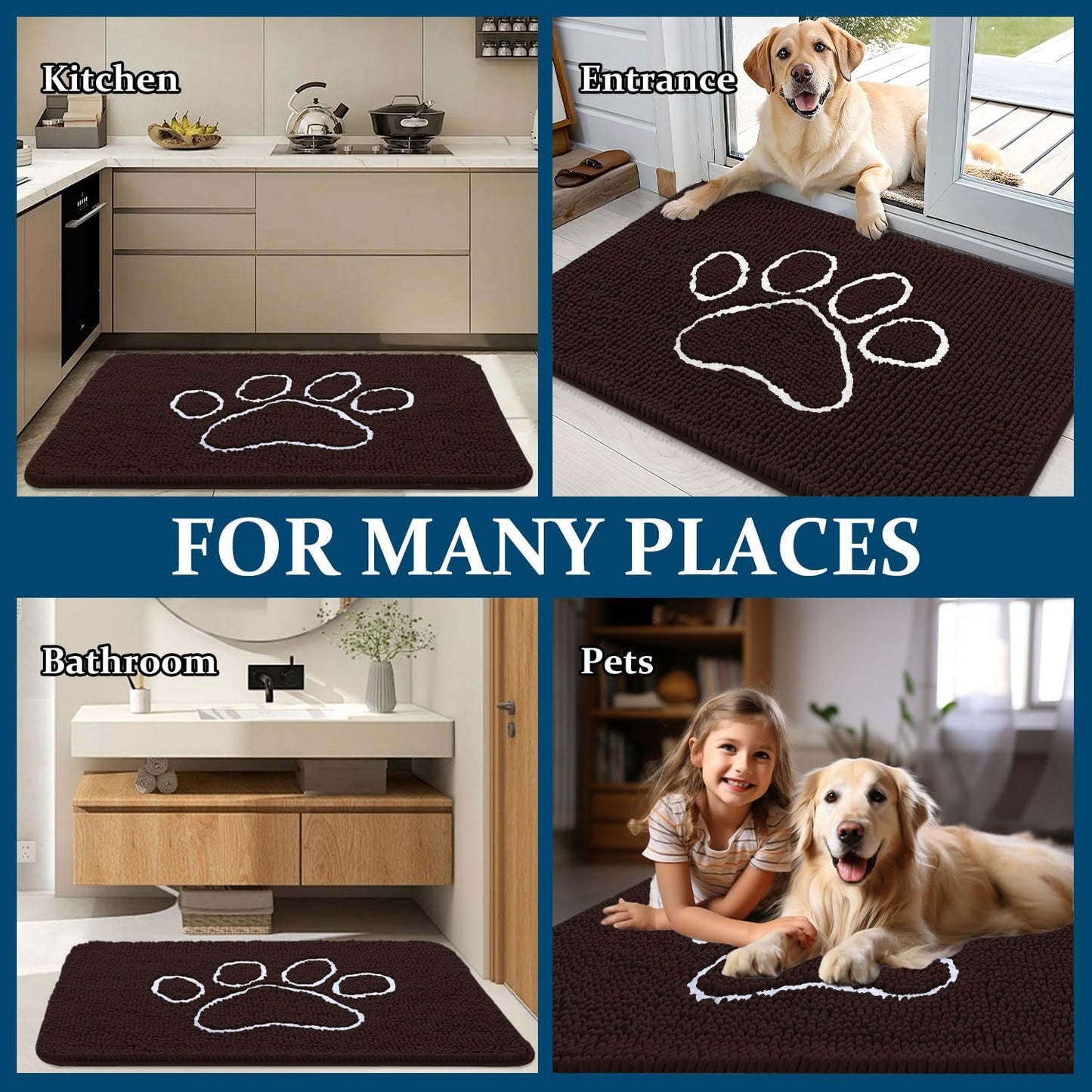 OLANLY Dog Door Mat - Absorbent Non-Slip Muddy Paws Mat | 44x32 Paw Print Design, Quick Dry Chenille, Brown