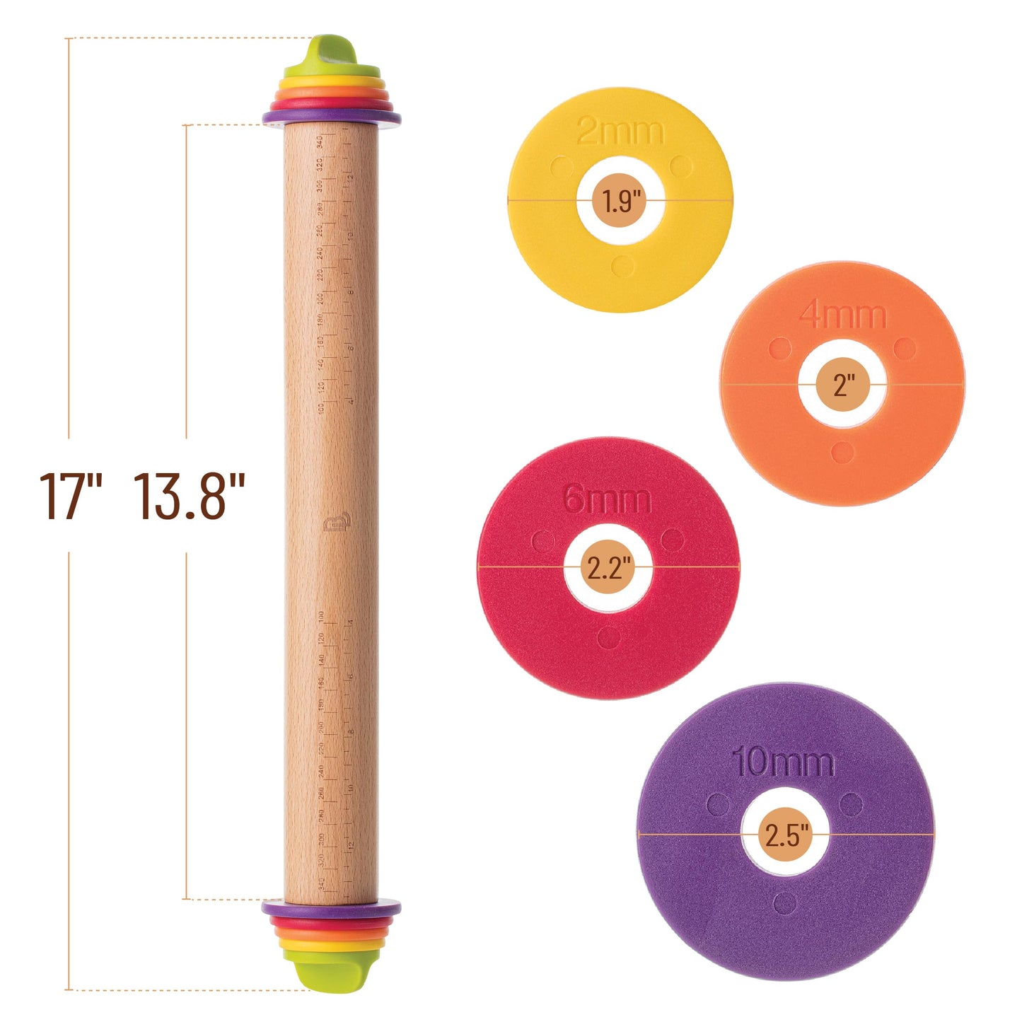BAMBOO LAND- Adjustable Rolling Pin with Thickness Rings for Baking, 13.8", 4 Colorful Thickness Rings (2-10 mm or 1/16"-3/8"), Wood Rolling Pins for Baking, Bread, Pizza Doughs