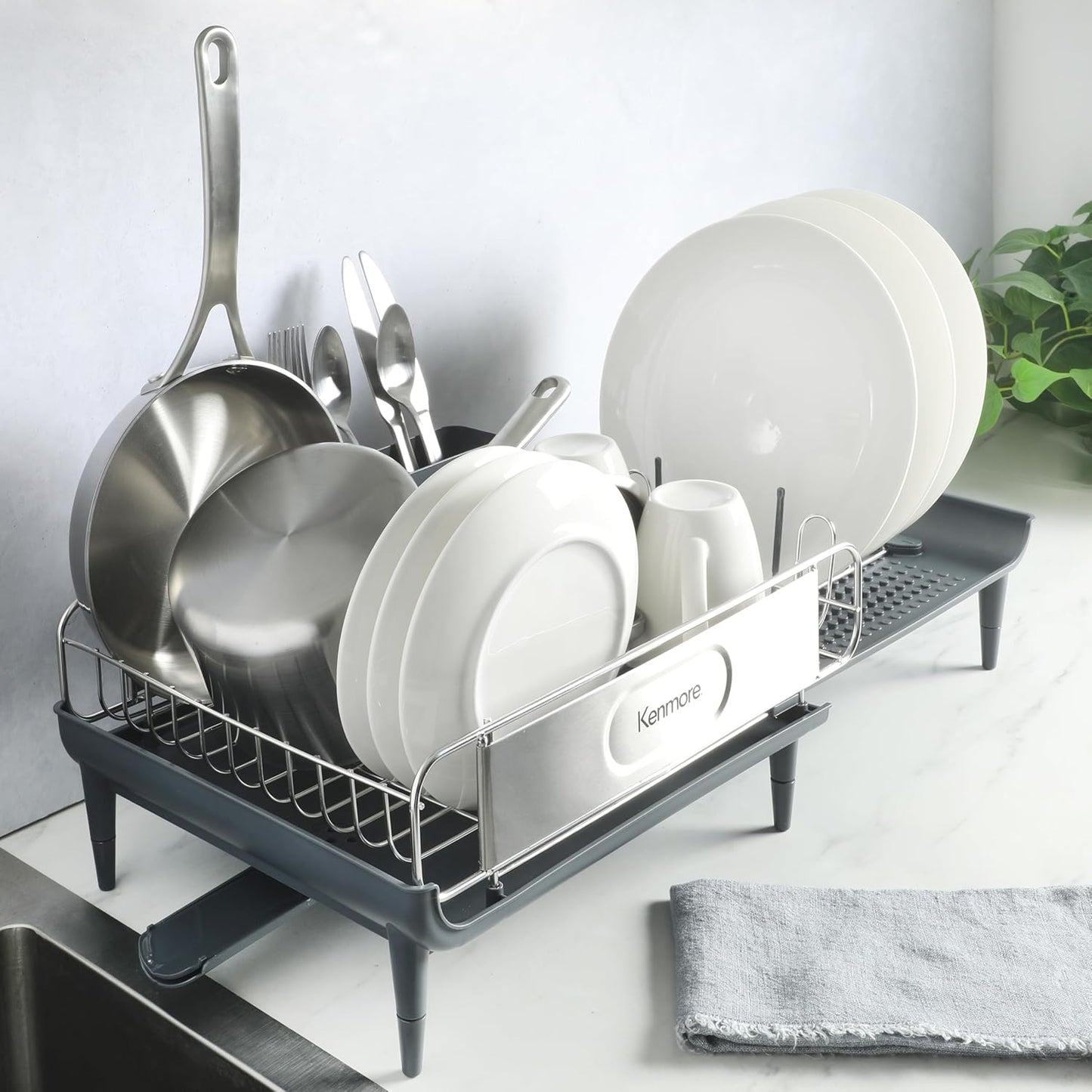 Kenmore Expandable Full Size Dish Rack - Rust Resistant with Drain Board & Flatware Caddy