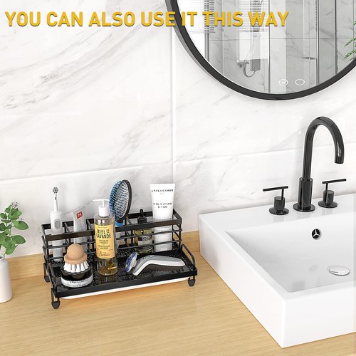 Cisily Kitchen Sink Caddy Organizer, Rustproof Non-Slip Soap Dish Dispenser Brush,Sponge Holder Storage,Home Essentials Accessories（Matte Black）