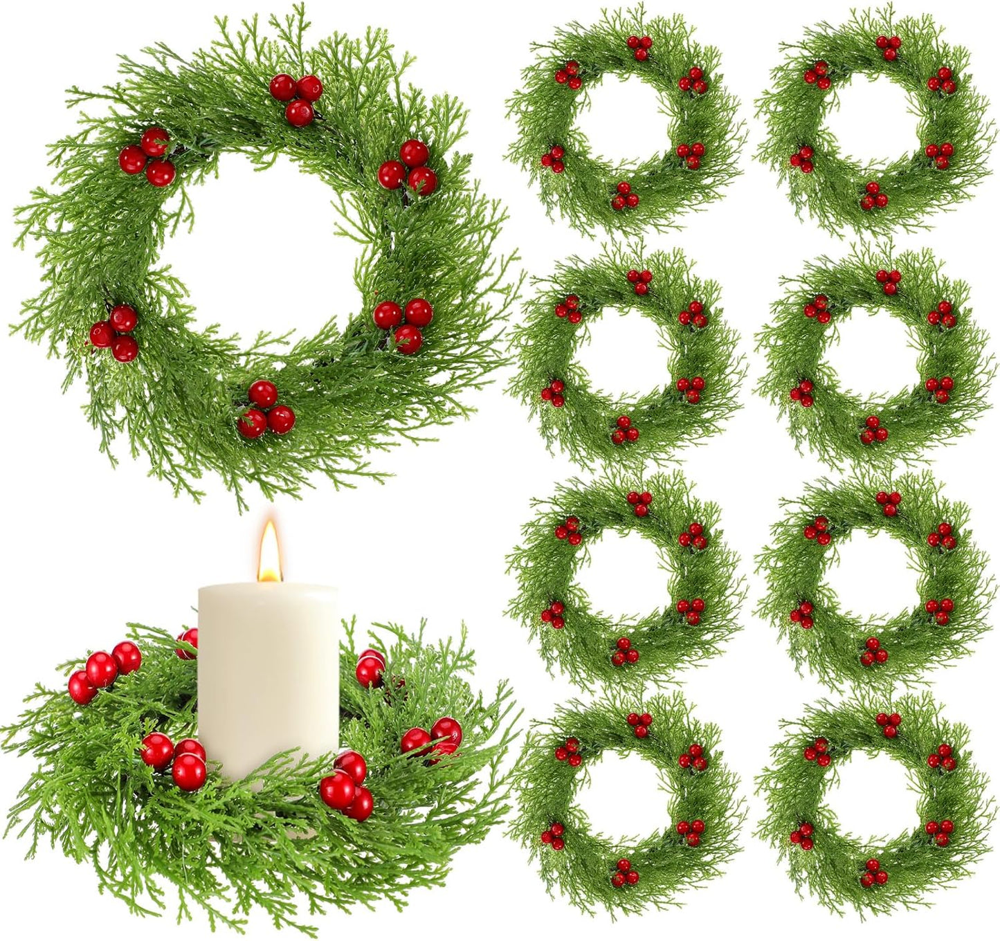 Knitgrip 8 Pcs Small Christmas Wreaths - Red Berry Artificial Cedar Candle Rings | 8.27" Mini Holiday Decor