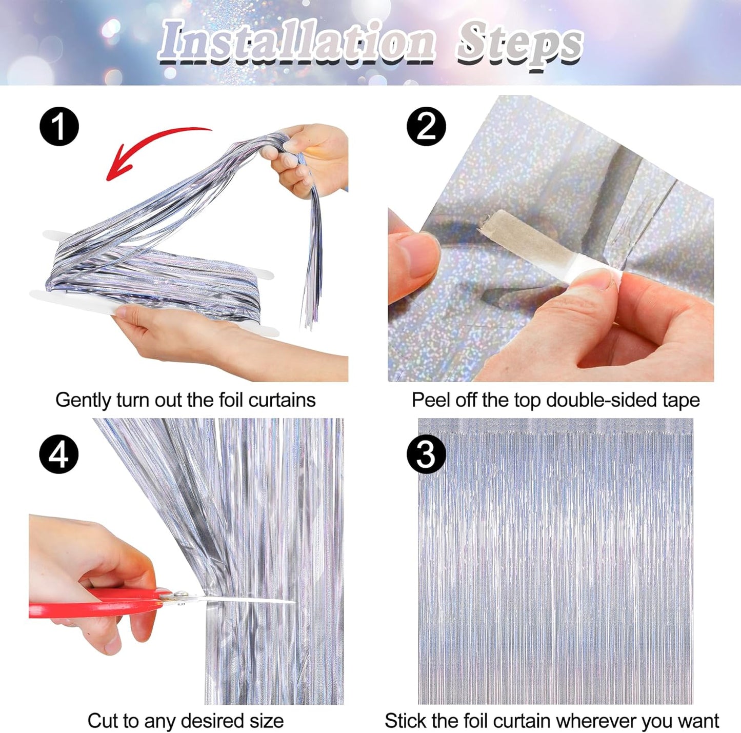 Skiennix Silver Metallic Tinsel Foil Curtains - 2 Pack Glitter Fringe Backdrop | 3.28 FT x 7.05 FT for Parties