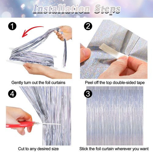 12 Pack Fringe Backdrop, 3.28 FT x 7.08 FT Glitter Silver Tinsel Curtain, Metallic Foil Curtains Party Streamer Disco Backdrop, Silver Party Decorations for New Year Birthday Holiday