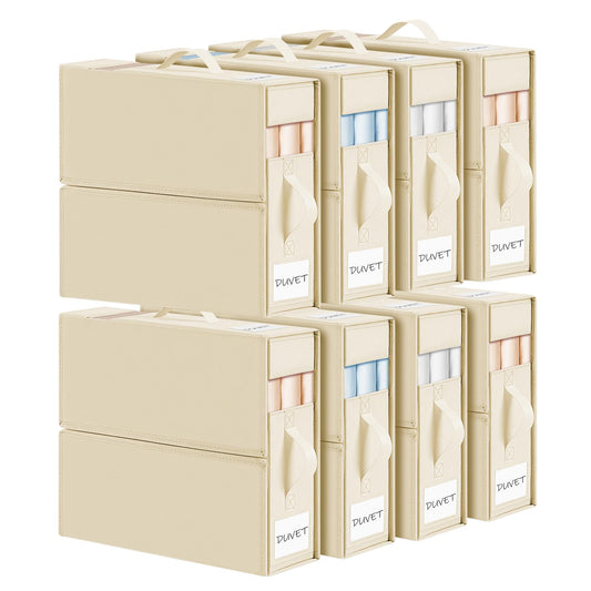 DIMJ Bed Sheet Organizers and Storage 8 Pack - Foldable Sheet Organizer for Linen Closet, Bedding Storage Box for organization, Sheets Set Folder Keeper with Window(King & Queen Size), Beige