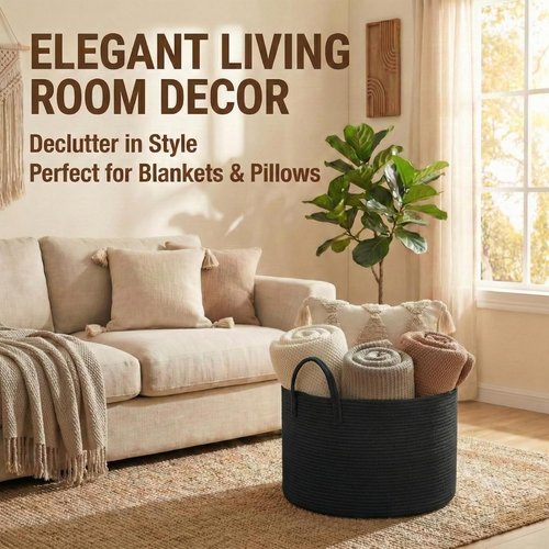 JMvicyroam 65L Extra Large Blanket Basket - Woven Cotton Rope Laundry Hamper with Reinforced Handles | Machine Washable, Black