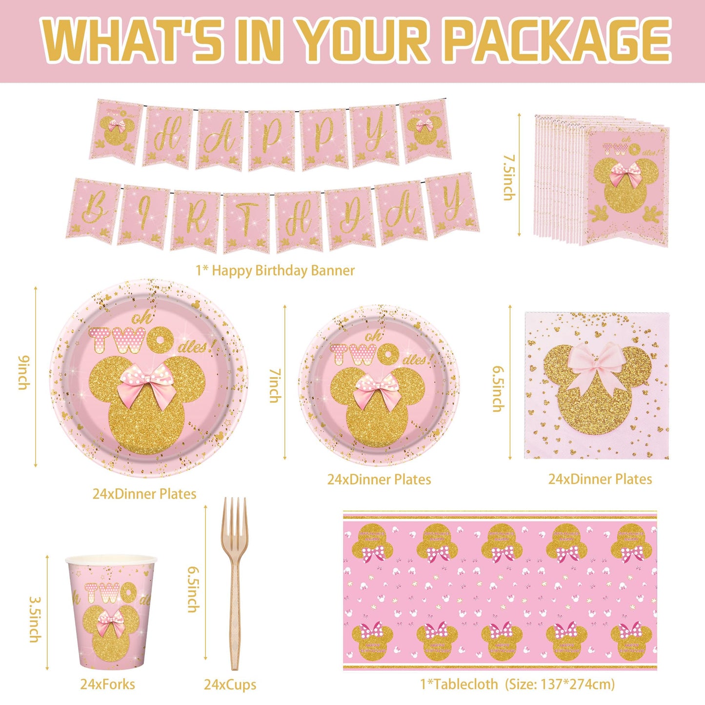 122PCS Cartoon Mouse 2nd Birthday Party Supplies - Girls Two Years Old Birthday Party Decorations, Include Birthday Banners, Tablecloth, Plates, Napkins Party Supplies for Kids Party Favor Gift