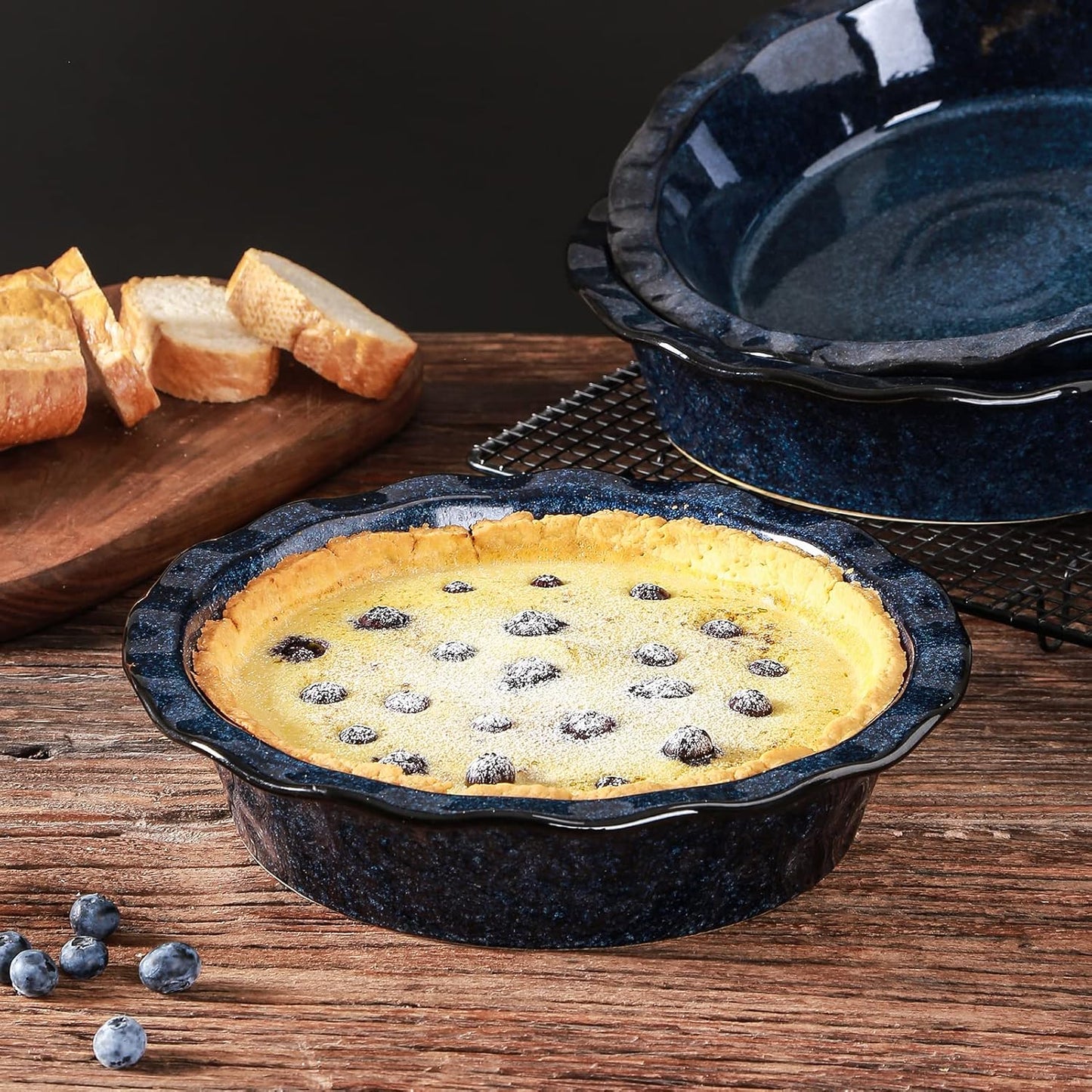 Vicrays Ceramic Pie Pan - 9-Inch Round Fluted Deep Dish for Baking Tart, Pizza, Quiche | Starry Blue Reactive Glaze