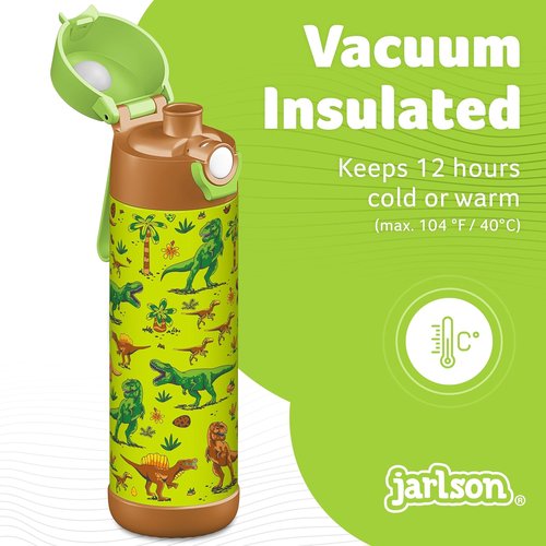 Jarlson® Kids Water Bottle MALI - Insulated 18oz Stainless Steel Thermo Bottle | Leak Proof for School & Sports (Dinosaurs)