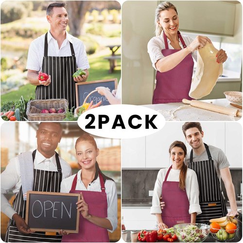 BeLuyi 2 Pack Adjustable Bib Apron with 2 Pockets Chef Cooking Kitchen Restaurant Aprons for Women Men (Wine/Black Stripes)