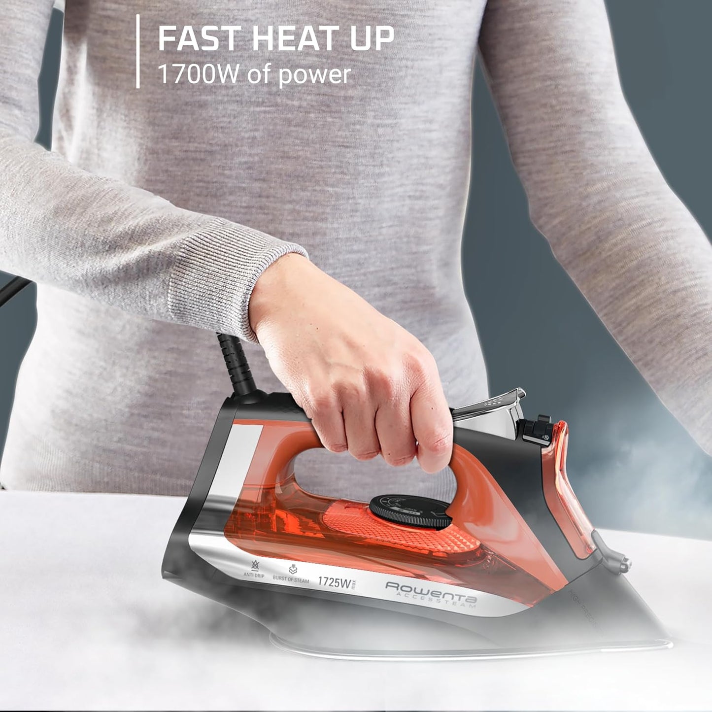 Rowenta Access Steam Iron - Powerful Vertical Steaming & Anti-Drip Protection | Red Color