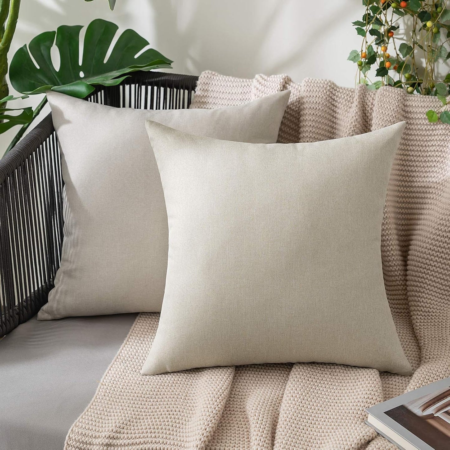 MIULEE Decorative Outdoor Throw Pillow Covers - Waterproof Faux Linen Cushion Cases | 24x24 Inch Beige (Set of 2)