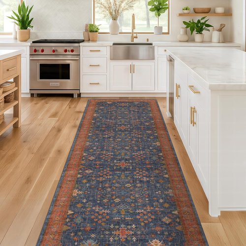 Hazo Haus Navy Blue Runner Rug - Washable Non-Slip Design for Kitchen, Hallway & Bathroom | 2x6 ft