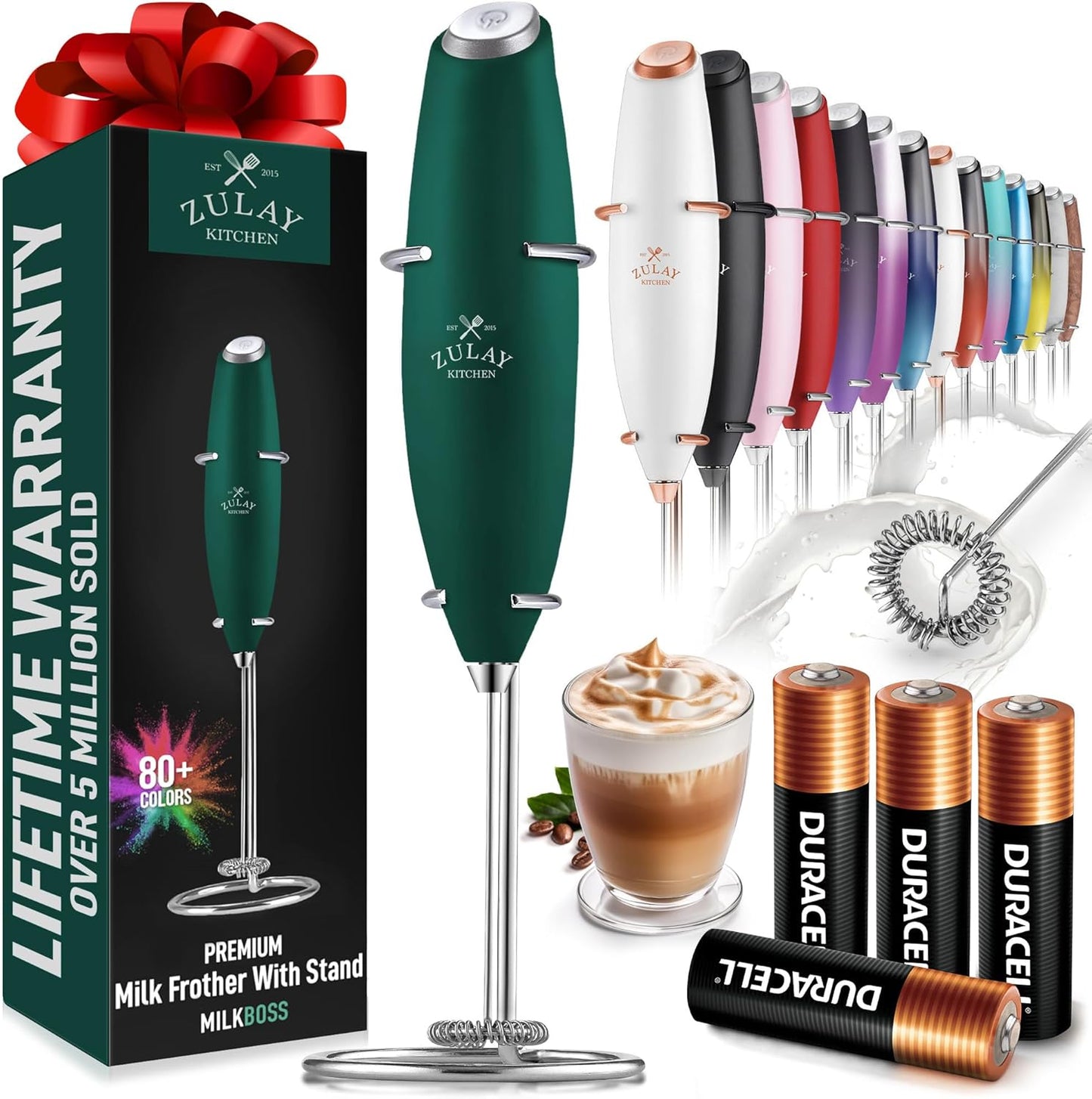Zulay Kitchen Milk Frother Wand - Ultra Fast Handheld Electric Whisk for Coffee & Lattes - Dark Green