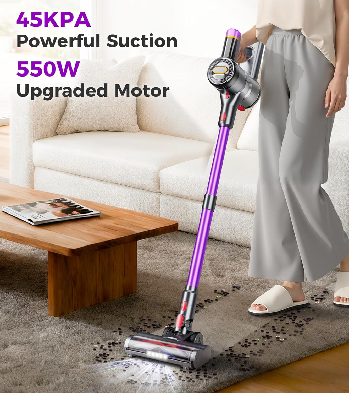 Skiennix Cordless Vacuum Cleaner - 550W Powerful Suction, 60-Minute Runtime, LED Display, 8-in-1 Design for Home & Pet Hair