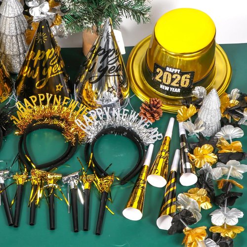 Atonofun New Year’s Eve Party Supplies - 48 Pcs for 20 Guests | Hats, Horns, Headbands & More