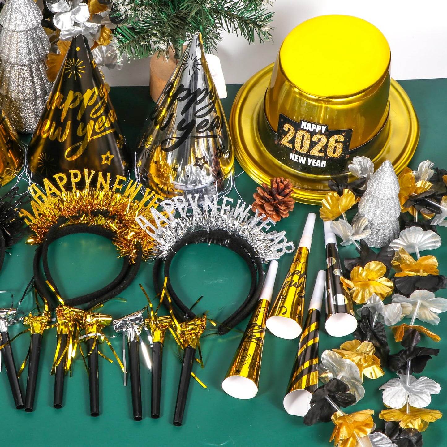 Atonofun 2026 New Years Eve Party Supplies for 20 Guests, 48 Pcs New Year Eve Party Hats and Horns, Headband, Tattoos, Blowouts, Leis 2026 New Year Party Favors