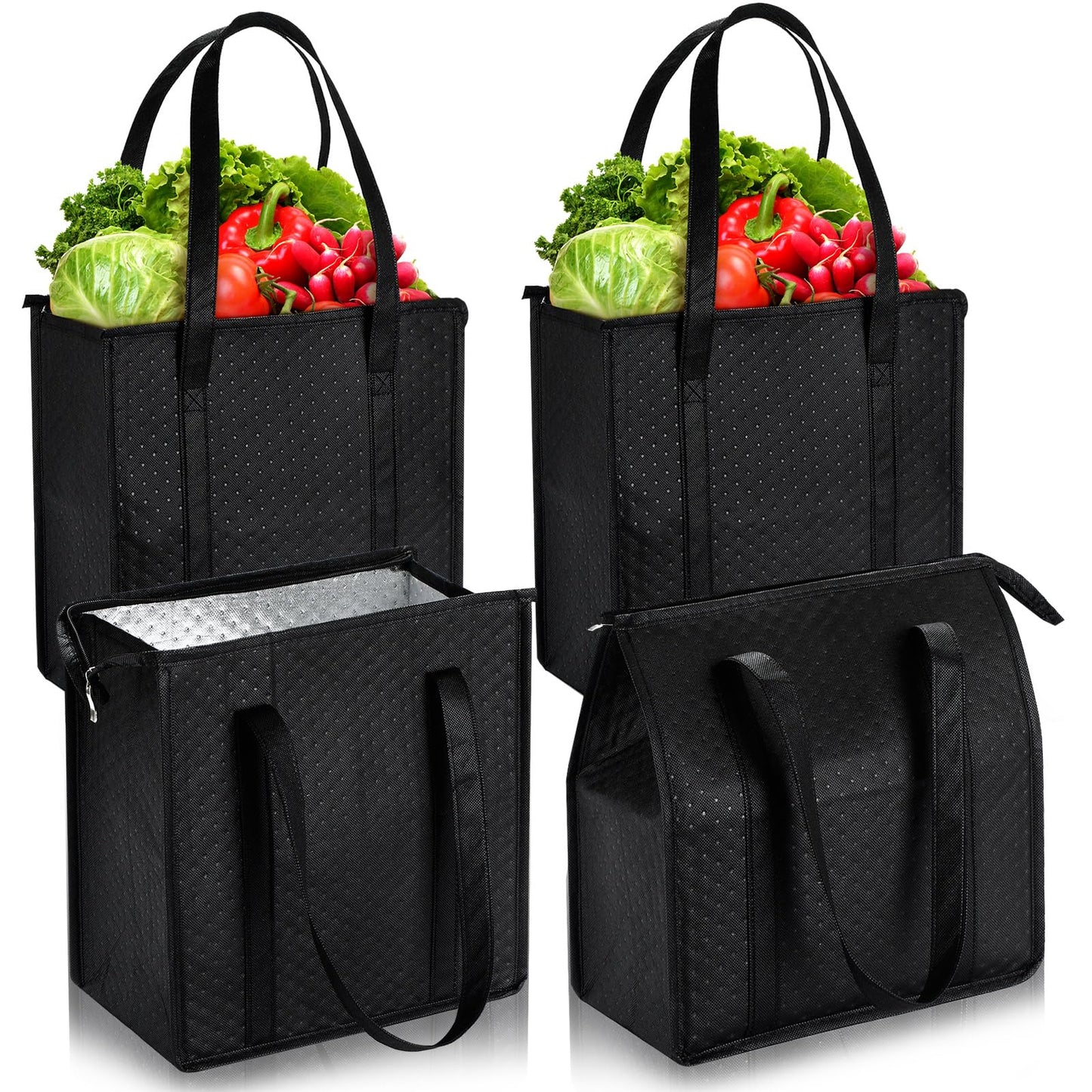 Paterr 4 Pcs Insulated Grocery Bags Insulated Cooler Tote Bag Reusable Collapsible Cooler Totes with Zipper Top for Shopping(Black)
